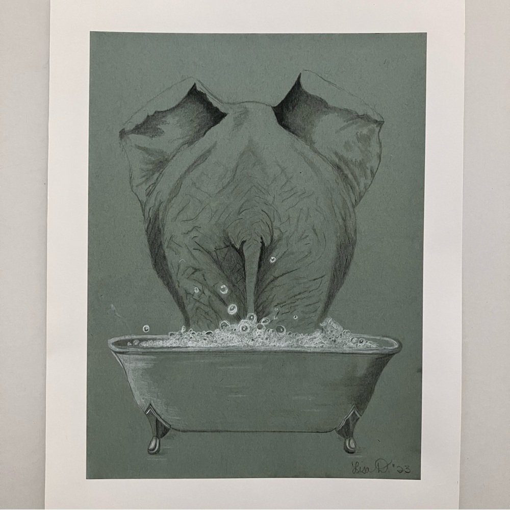 Elephant in Bathtub Handmade Art - graphite